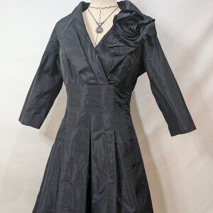Rickie Freeman for Teri Jon Black 3/4 Sleeve Taffeta Gown w Floral Accent